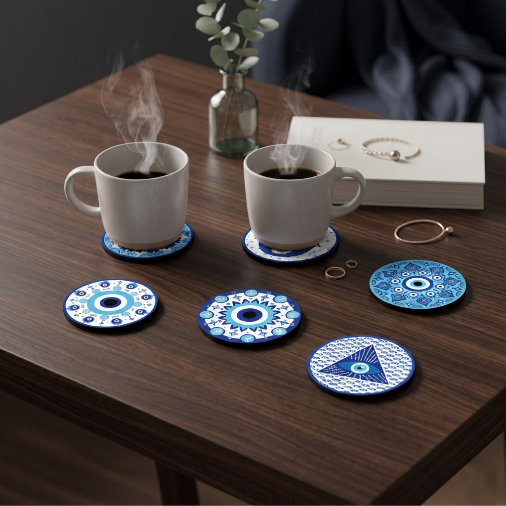 Coaster Set of 6 Beautiful Wooden Evil Eye Theme Design Coasters with Proper Coaster Stand | Designer Coaster Set fit for Tea Cups, Coffee Mugs and Glasses | 6 pc Round 3.5 x 3.5 inch