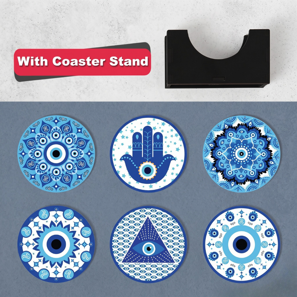 Coaster Set of 6 Beautiful Wooden Evil Eye Theme Design Coasters with Proper Coaster Stand | Designer Coaster Set fit for Tea Cups, Coffee Mugs and Glasses | 6 pc Round 3.5 x 3.5 inch
