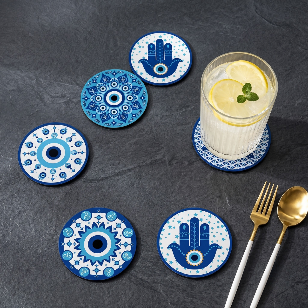 Coaster Set of 6 Beautiful Wooden Evil Eye Theme Design Coasters with Proper Coaster Stand | Designer Coaster Set fit for Tea Cups, Coffee Mugs and Glasses | 6 pc Round 3.5 x 3.5 inch