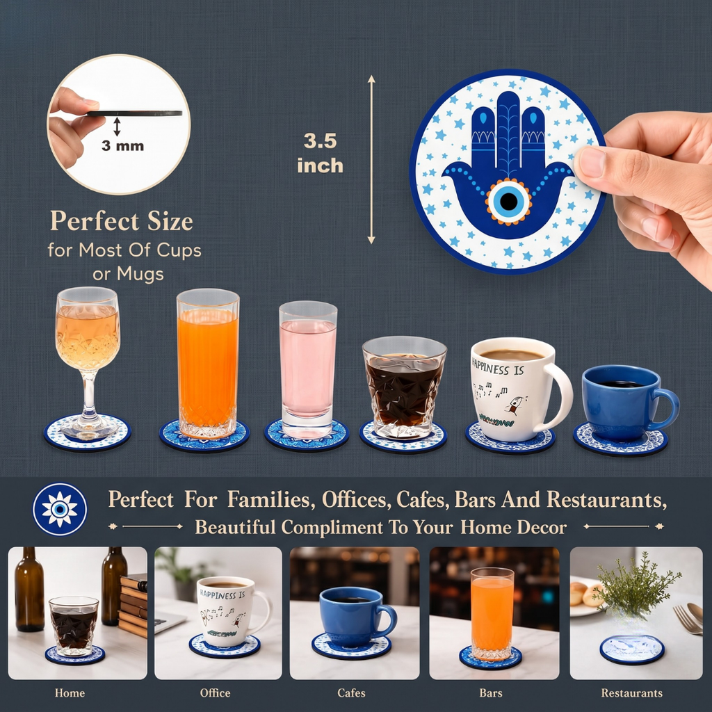 Coaster Set of 6 Beautiful Wooden Evil Eye Theme Design Coasters with Proper Coaster Stand | Designer Coaster Set fit for Tea Cups, Coffee Mugs and Glasses | 6 pc Round 3.5 x 3.5 inch