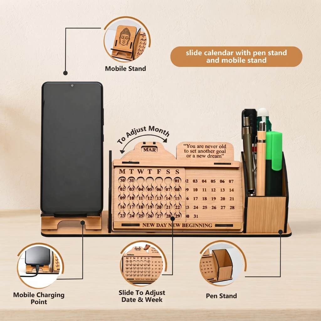 Wooden Desk Organizer with Lifetime Calendar, Phone Stand, Pen Holder & Buddha Design | Office Table Decor & Gift | "New Day New Beginning" Quote (Bamboo Eco Friendly)