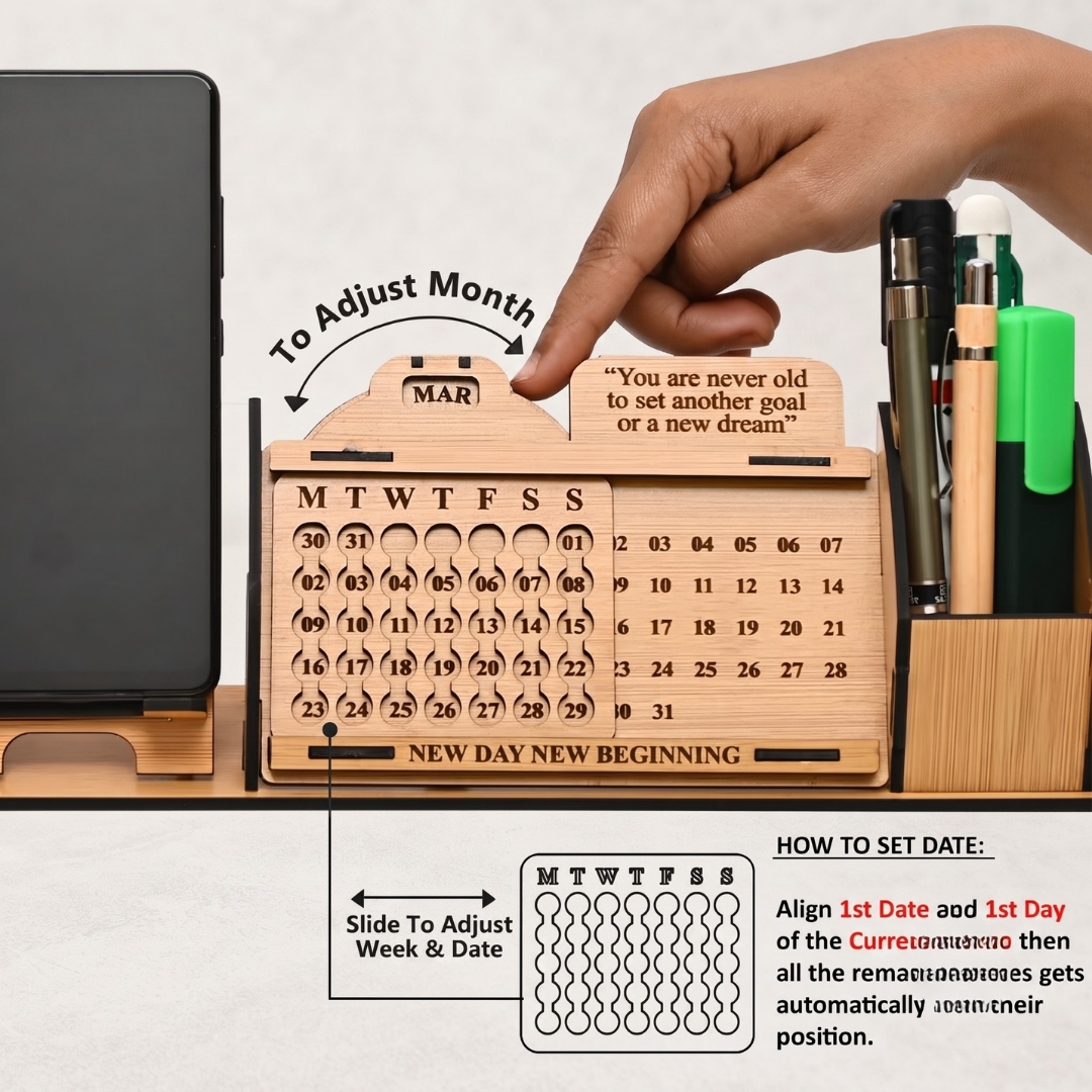 Wooden Desk Organizer with Lifetime Calendar, Phone Stand, Pen Holder & Buddha Design | Office Table Decor & Gift | "New Day New Beginning" Quote (Bamboo Eco Friendly)