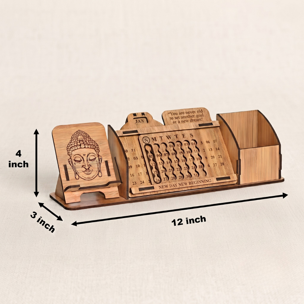 Wooden Desk Organizer with Lifetime Calendar, Phone Stand, Pen Holder & Buddha Design | Office Table Decor & Gift | "New Day New Beginning" Quote (Bamboo Eco Friendly)