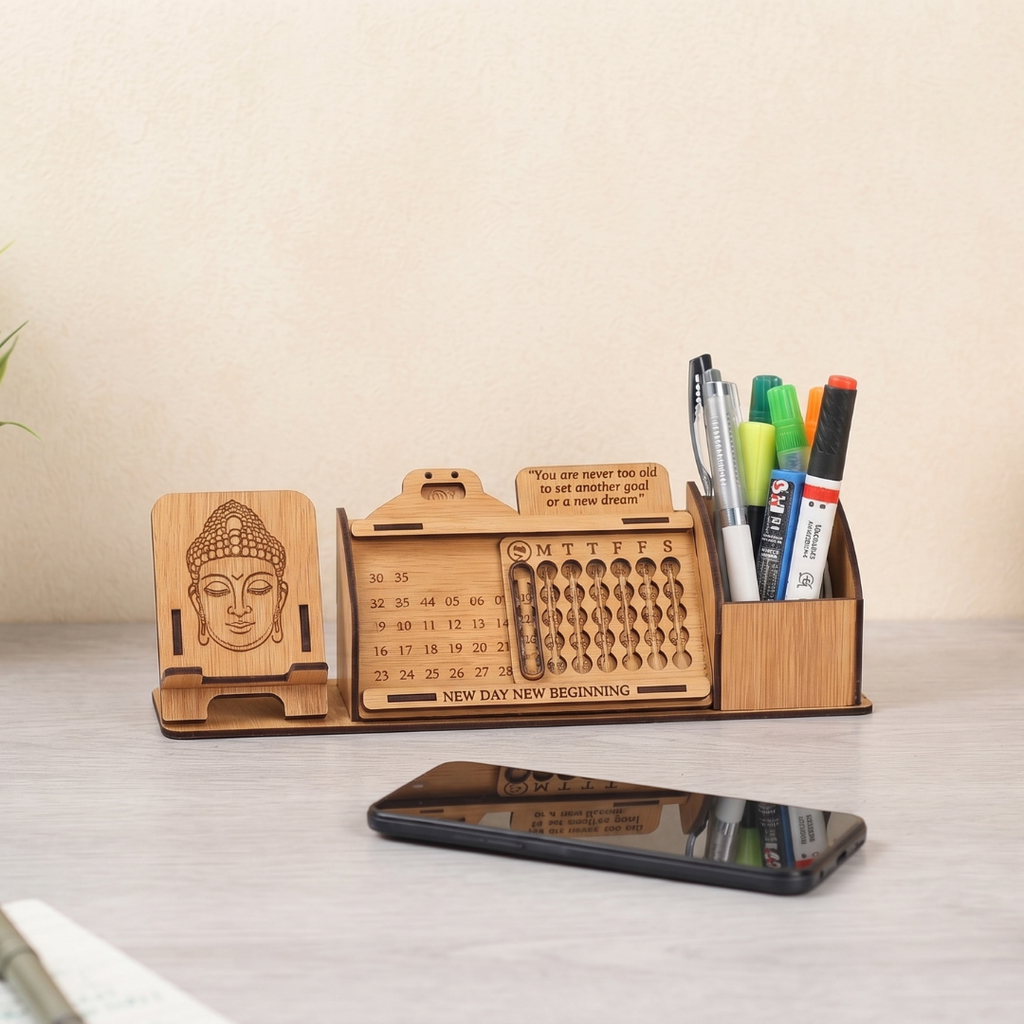 Wooden Desk Organizer with Lifetime Calendar, Phone Stand, Pen Holder & Buddha Design | Office Table Decor & Gift | "New Day New Beginning" Quote (Bamboo Eco Friendly)