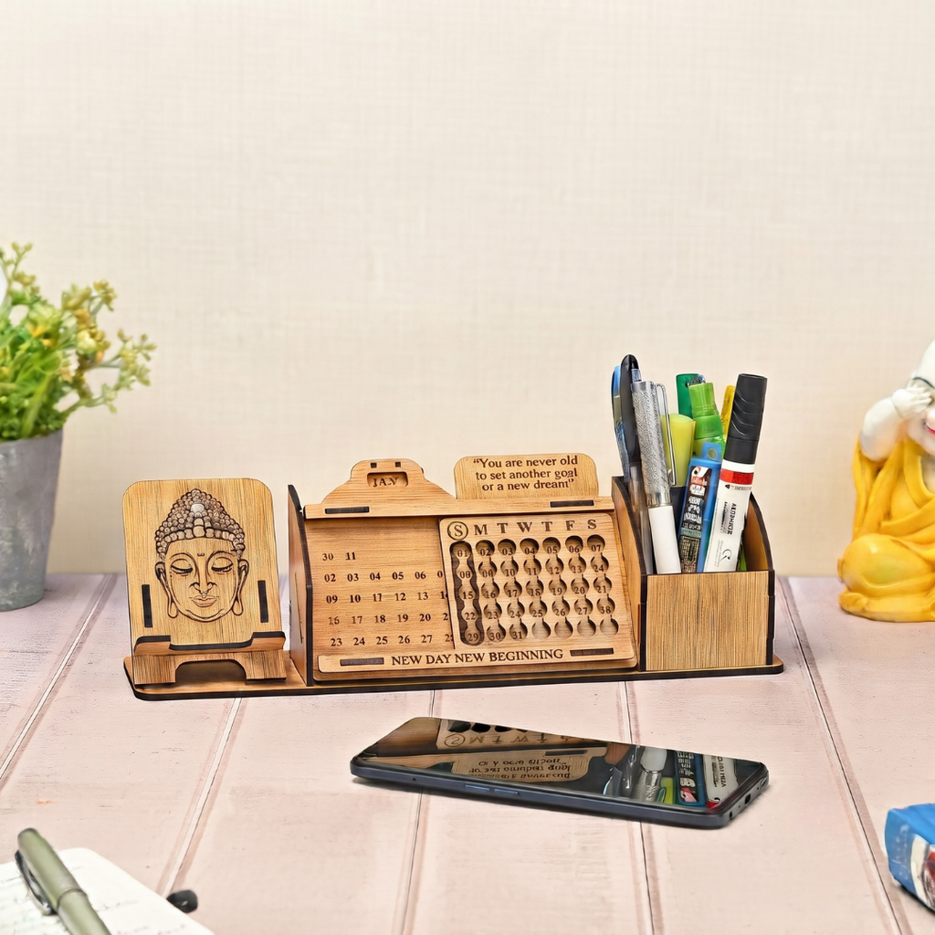 Wooden Desk Organizer with Lifetime Calendar, Phone Stand, Pen Holder & Buddha Design | Office Table Decor & Gift | "New Day New Beginning" Quote (Bamboo Eco Friendly)