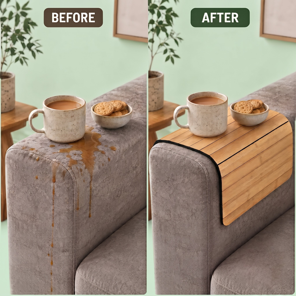 Sofa Armrest Rectangular Tray Table | Bamboo Finish Couch Arm Table | Non-Slip Tray for Remote, Snacks, Coffee | Compact & Foldable | 15x10 Inch | Made in India (Medium)