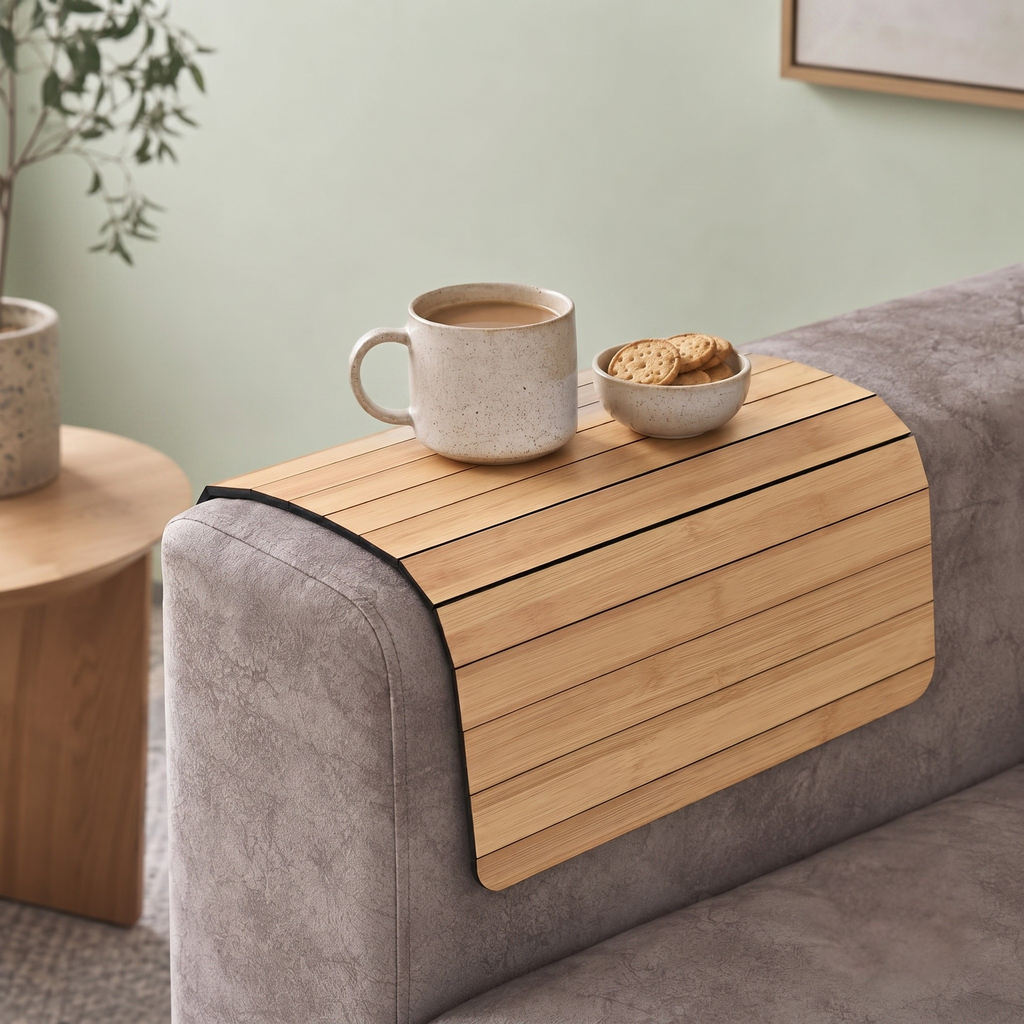 Sofa Armrest Rectangular Tray Table | Bamboo Finish Couch Arm Table | Non-Slip Tray for Remote, Snacks, Coffee | Compact & Foldable | 15x10 Inch | Made in India (Medium)