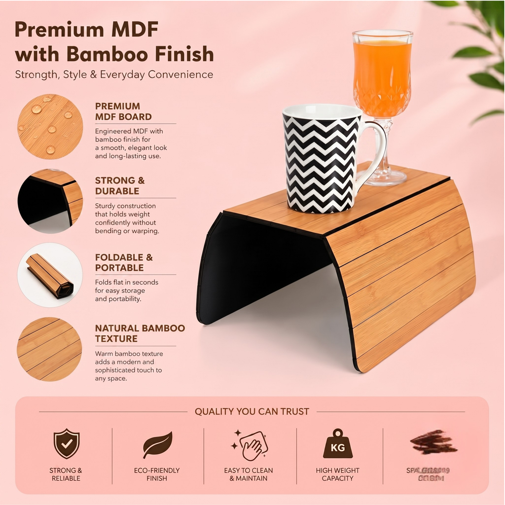 Sofa Armrest Rectangular Tray Table | Bamboo Finish Couch Arm Table | Non-Slip Tray for Remote, Snacks, Coffee | Compact & Foldable | 15x10 Inch | Made in India (Medium)