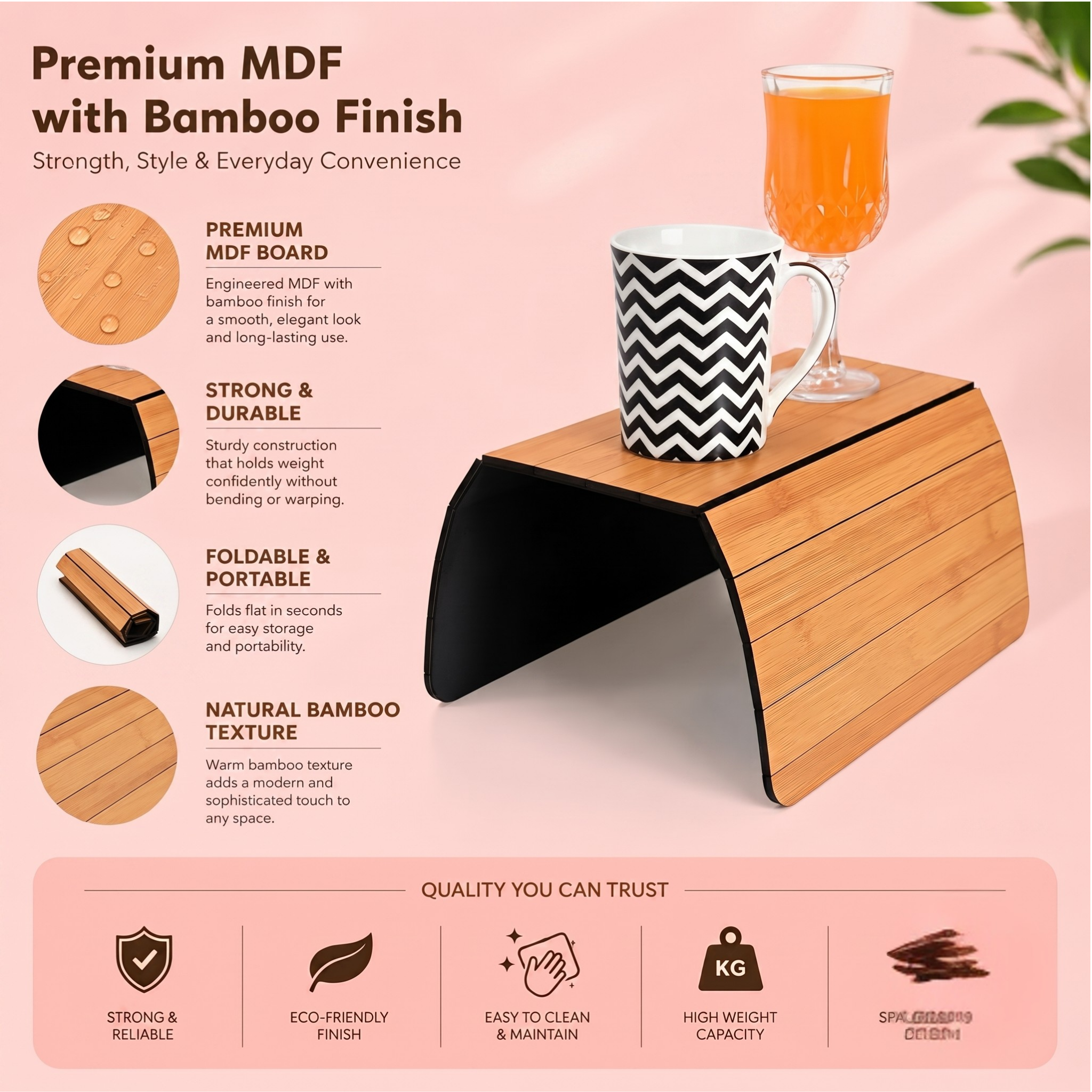 Sofa Armrest Rectangular Tray Table | Bamboo Finish Couch Arm Table | Non-Slip Tray for Remote, Snacks, Coffee | Compact & Foldable | 15x10 Inch | Made in India (Medium)