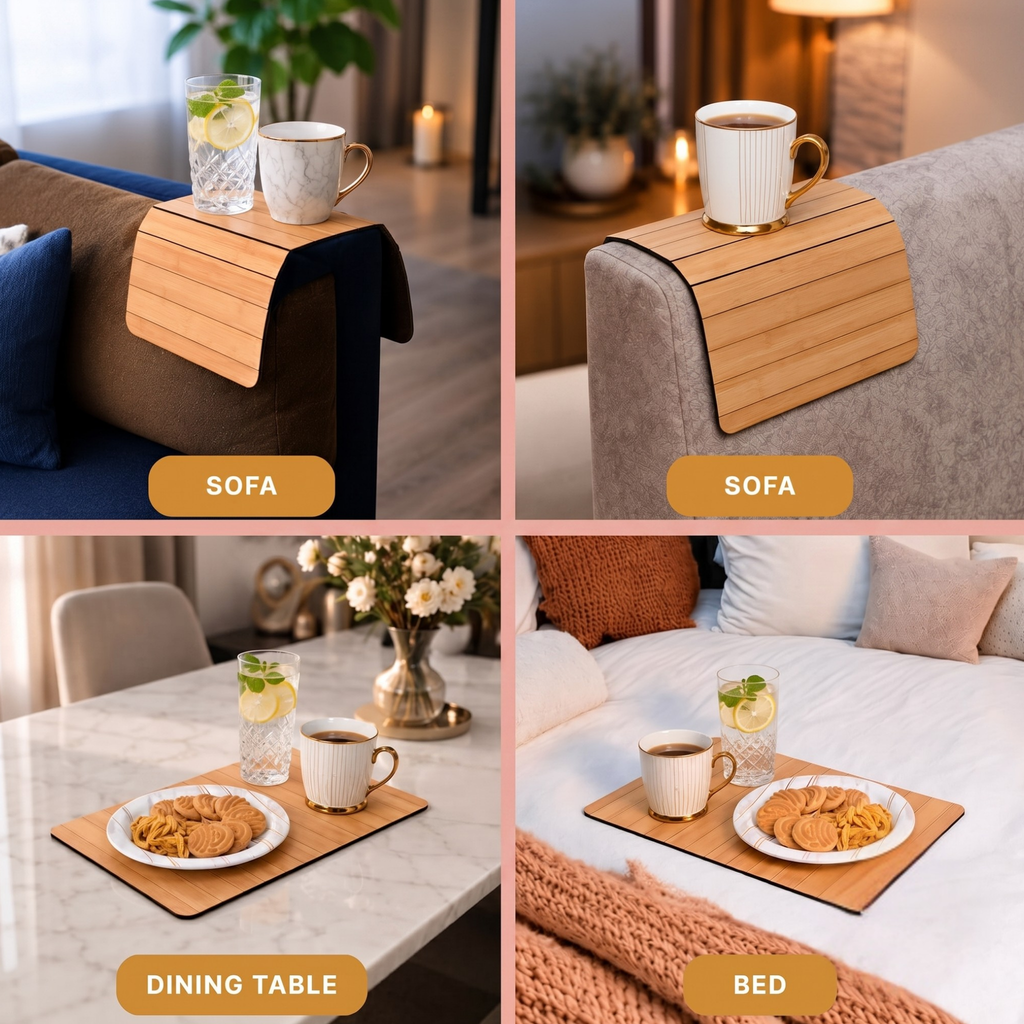 Sofa Armrest Rectangular Tray Table | Bamboo Finish Couch Arm Table | Non-Slip Tray for Remote, Snacks, Coffee | Compact & Foldable | 15x10 Inch | Made in India (Medium)