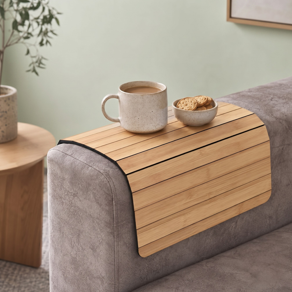 Sofa Armrest Rectangular Tray Table | Bamboo Finish Couch Arm Table | Non-Slip Tray for Remote, Snacks, Coffee | Compact & Foldable | 15x10 Inch | Made in India (Medium)