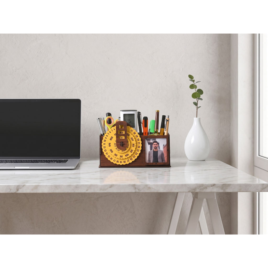 Wooden Desk Organizer with Perpetual Calendar & Photoframe | GKD 3-in-1 Table Organizer for Office & Home | Pen Holder | Eco-Friendly | New Year Gift