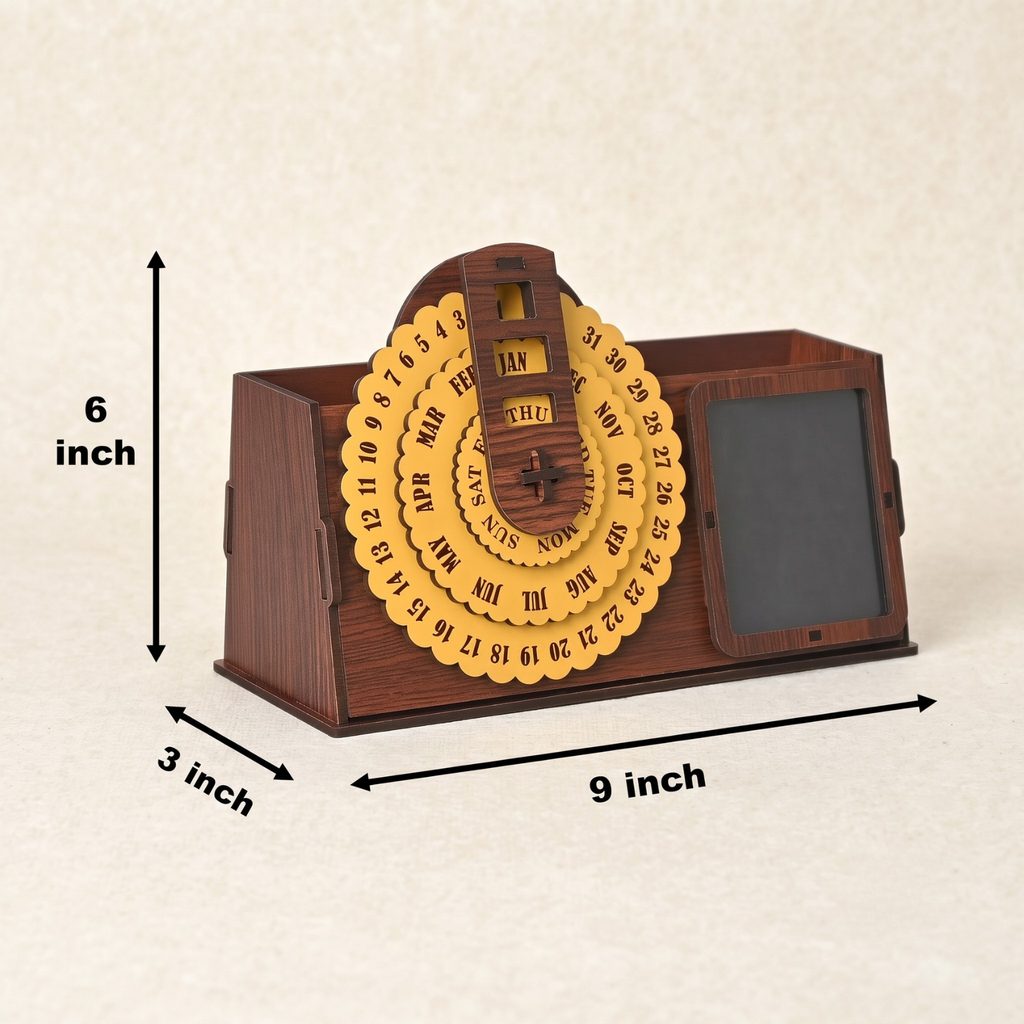 Wooden Desk Organizer with Perpetual Calendar & Photoframe | GKD 3-in-1 Table Organizer for Office & Home | Pen Holder | Eco-Friendly | New Year Gift