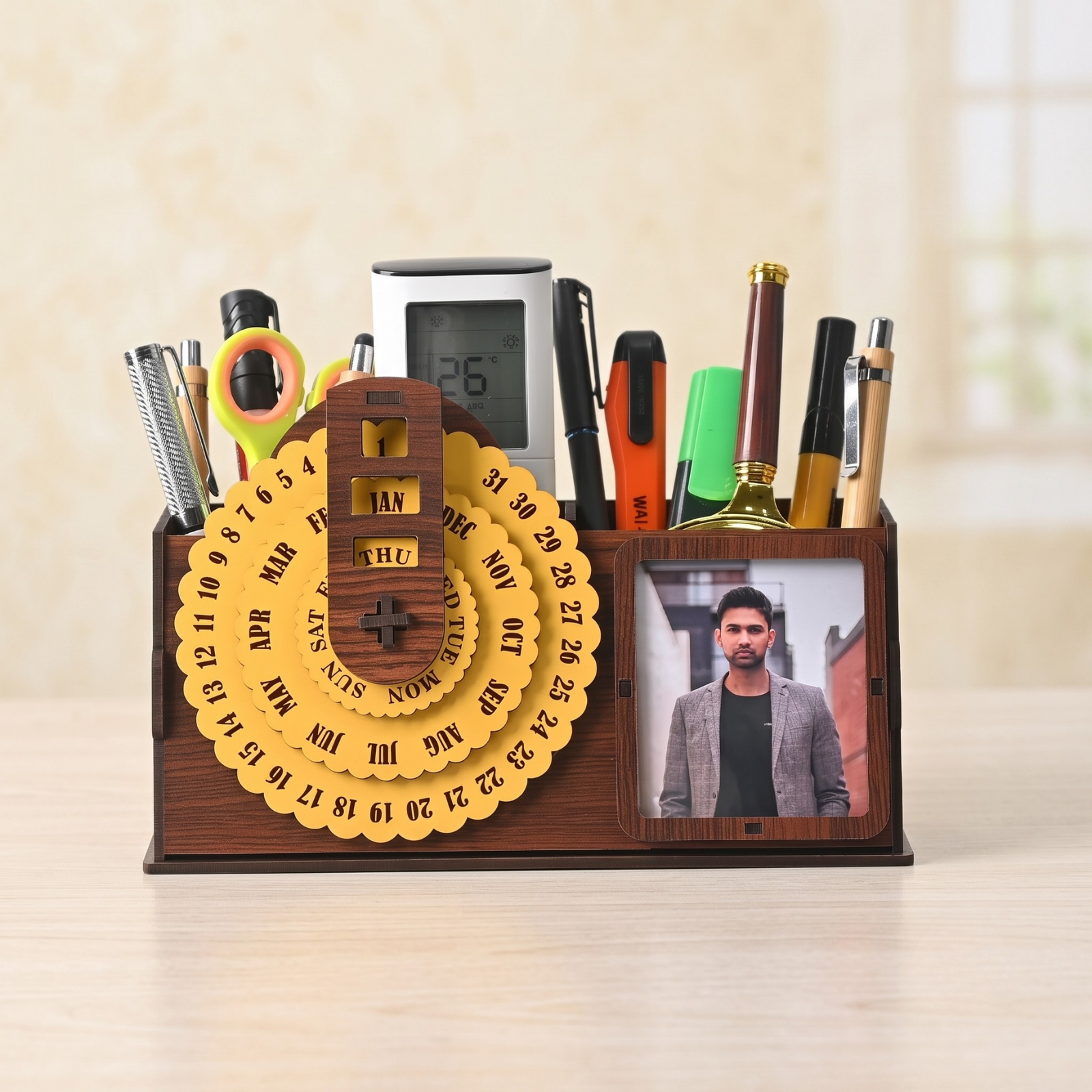 Wooden Desk Organizer with Perpetual Calendar & Photoframe | GKD 3-in-1 Table Organizer for Office & Home | Pen Holder | Eco-Friendly | New Year Gift