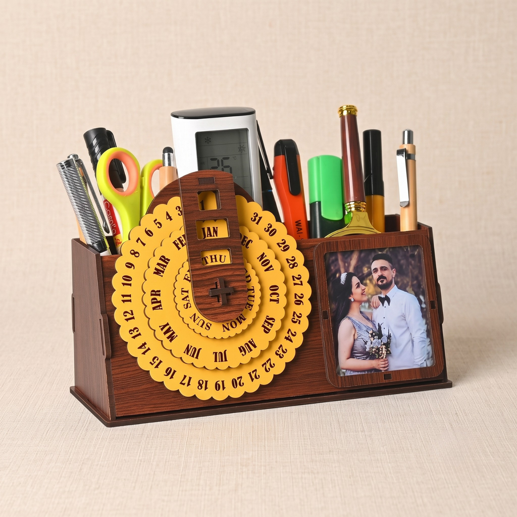 Wooden Desk Organizer with Perpetual Calendar & Photoframe | GKD 3-in-1 Table Organizer for Office & Home | Pen Holder | Eco-Friendly | New Year Gift