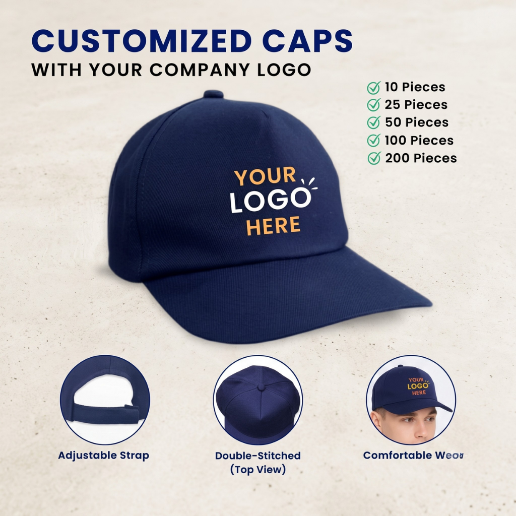 Navy Blue Customized Caps | Customized With Your Company Logo ( Matty Fabric )