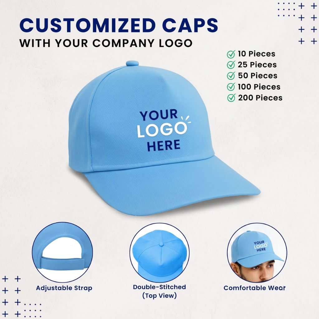 SkyBlue Customized Caps | Customized With Your Company Logo (Matty Fabric)