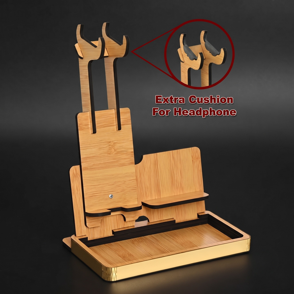 Headphone Stand for Desk Wooden Headphone Holder for Gamers Music Lovers, Portable Desk Organizer with Mobile Phone Stand Rakshabandhan Gift for Brother and Sister (Bamboo ecofriendly)