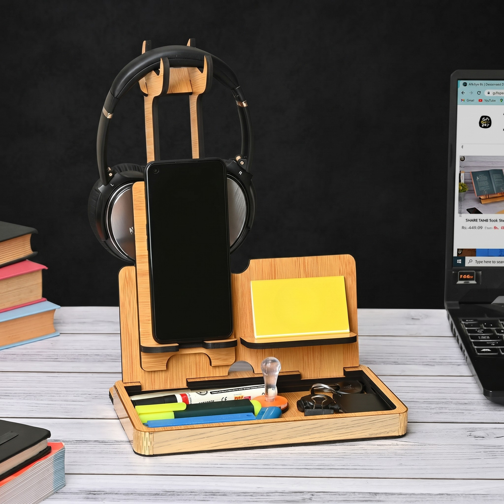 Headphone Stand for Desk Wooden Headphone Holder for Gamers Music Lovers, Portable Desk Organizer with Mobile Phone Stand Rakshabandhan Gift for Brother and Sister (Bamboo ecofriendly)