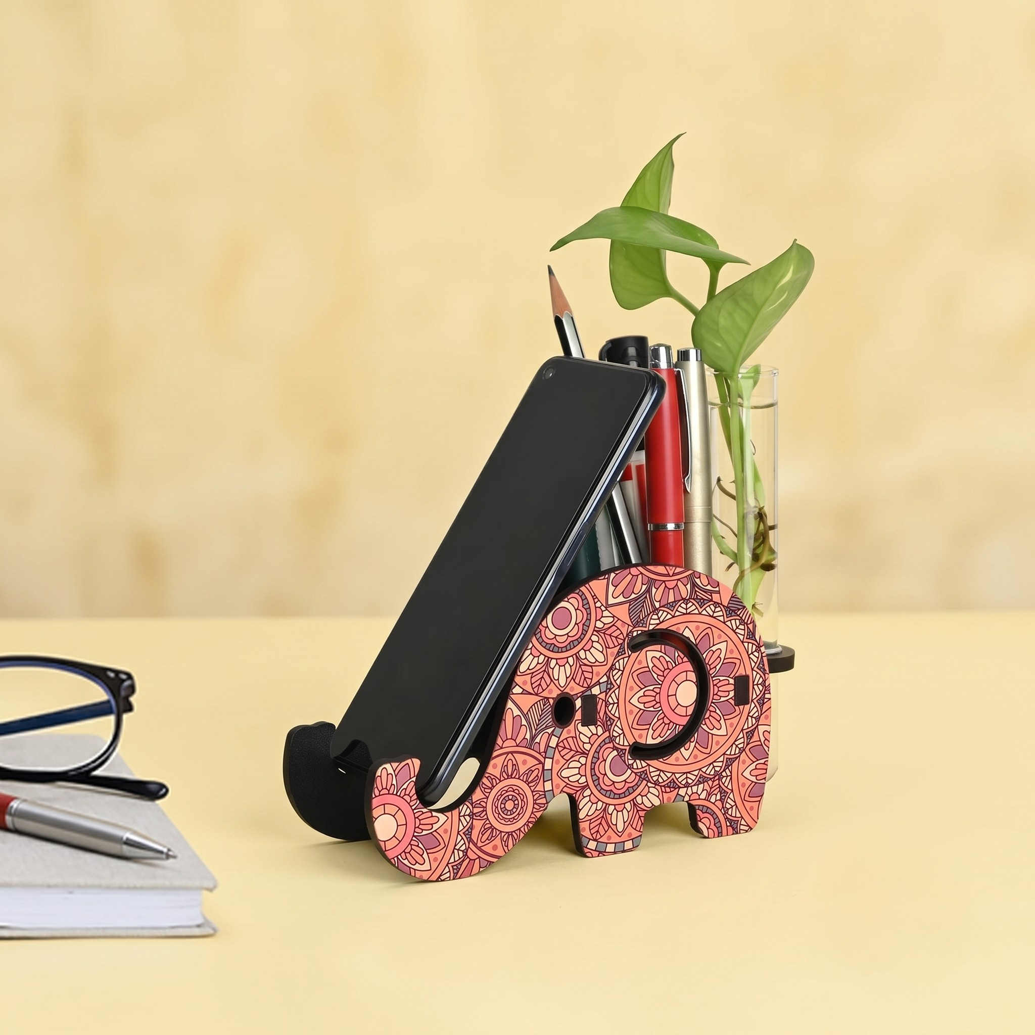 Hydroponics Glass Planter with Wooden Pen Holder & Mobile Stand beautiful Elephant Shaped Mandala Art Design | Multifunctional Desk Organizer | Ideal for Office, Home, and Gifting