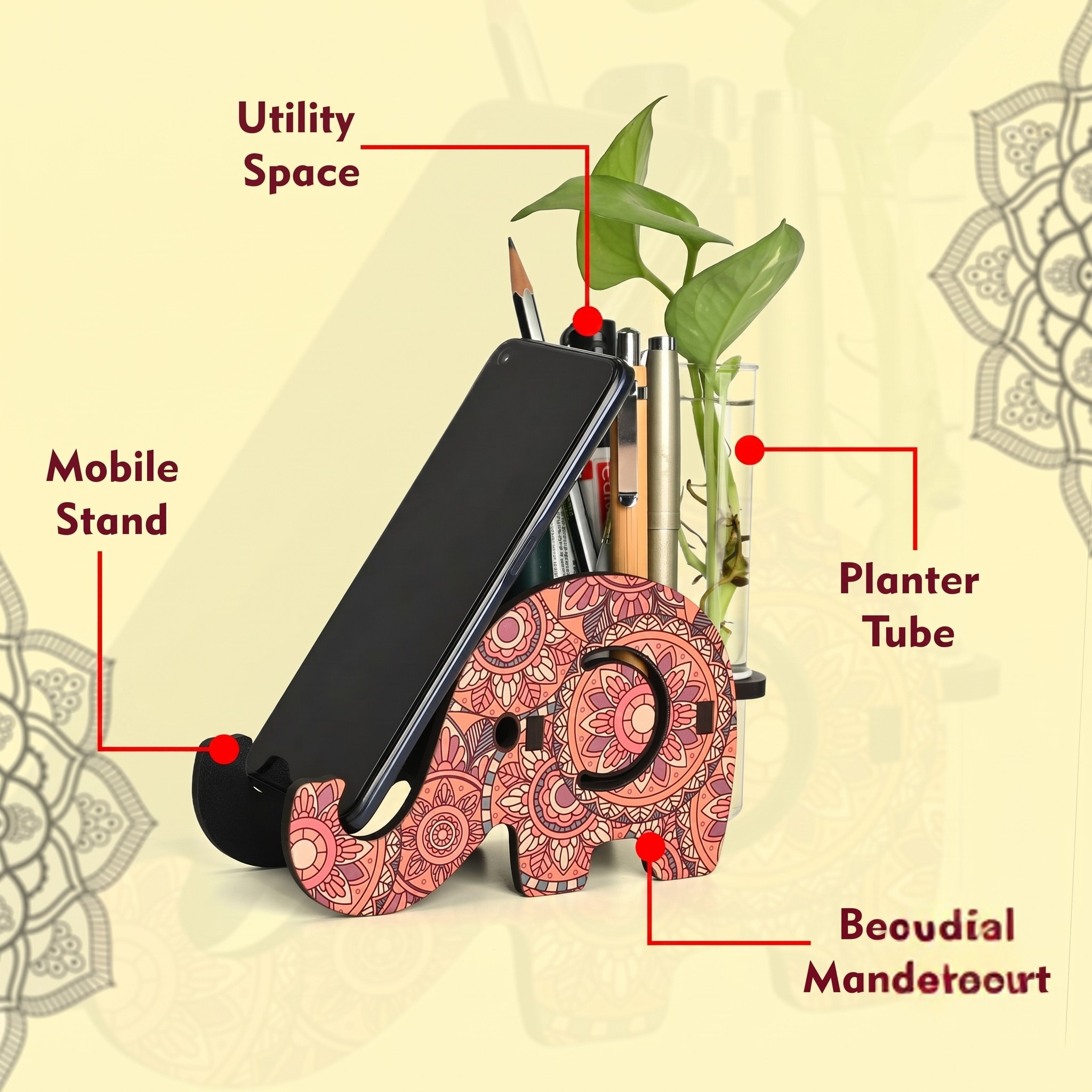 Hydroponics Glass Planter with Wooden Pen Holder & Mobile Stand beautiful Elephant Shaped Mandala Art Design | Multifunctional Desk Organizer | Ideal for Office, Home, and Gifting