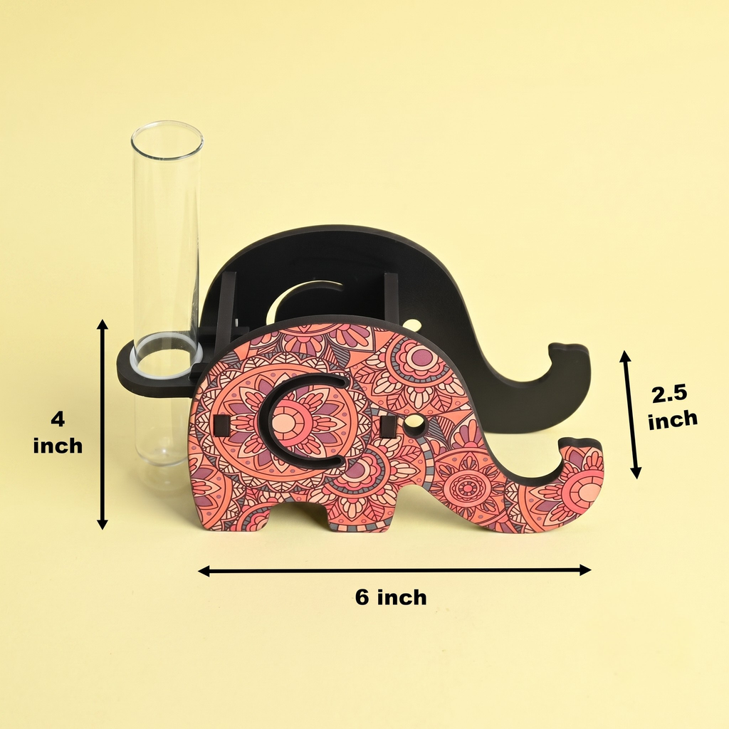 Hydroponics Glass Planter with Wooden Pen Holder & Mobile Stand beautiful Elephant Shaped Mandala Art Design | Multifunctional Desk Organizer | Ideal for Office, Home, and Gifting