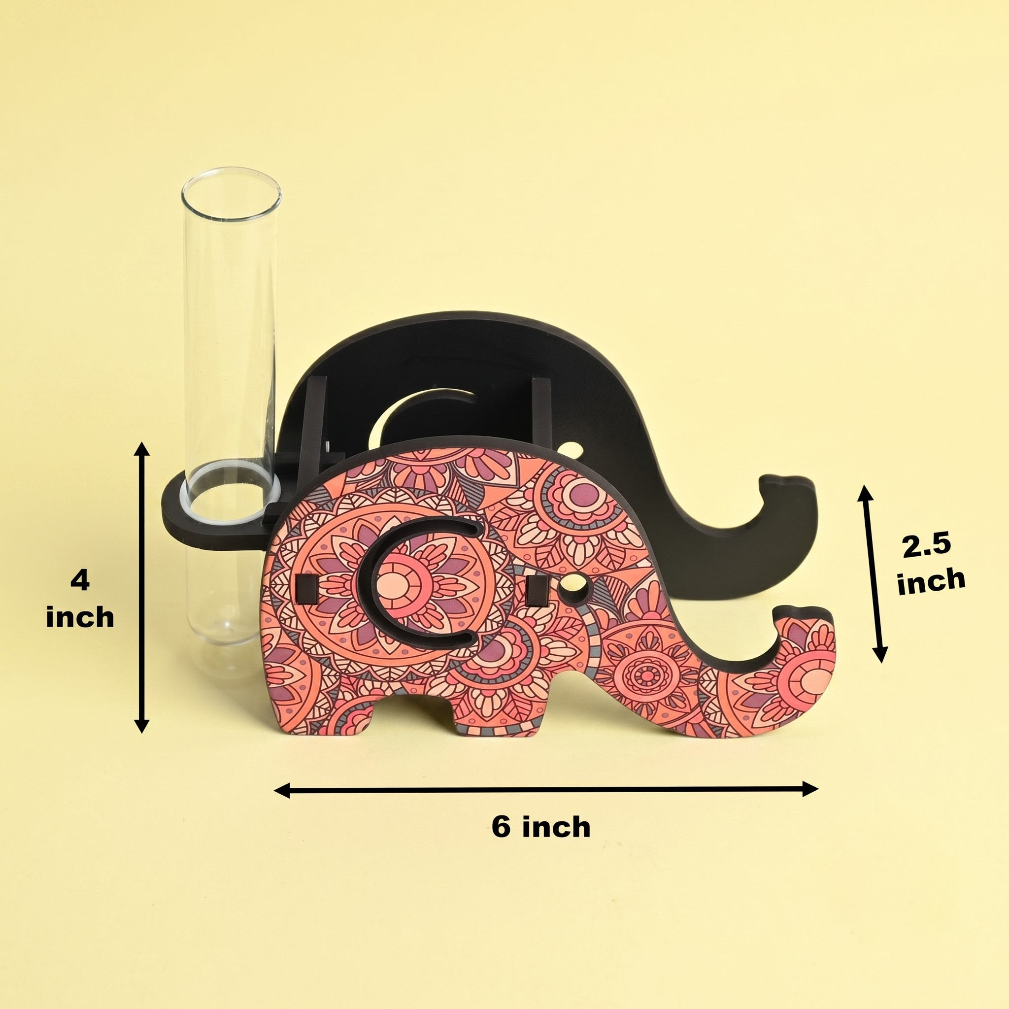 Hydroponics Glass Planter with Wooden Pen Holder & Mobile Stand beautiful Elephant Shaped Mandala Art Design | Multifunctional Desk Organizer | Ideal for Office, Home, and Gifting
