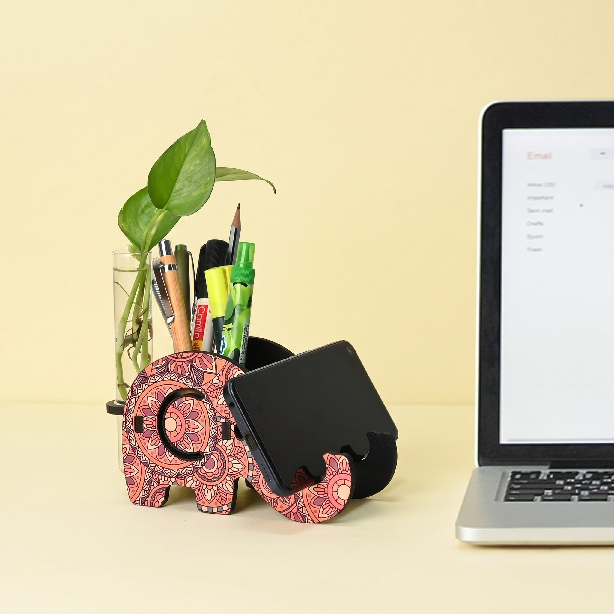 Hydroponics Glass Planter with Wooden Pen Holder & Mobile Stand beautiful Elephant Shaped Mandala Art Design | Multifunctional Desk Organizer | Ideal for Office, Home, and Gifting