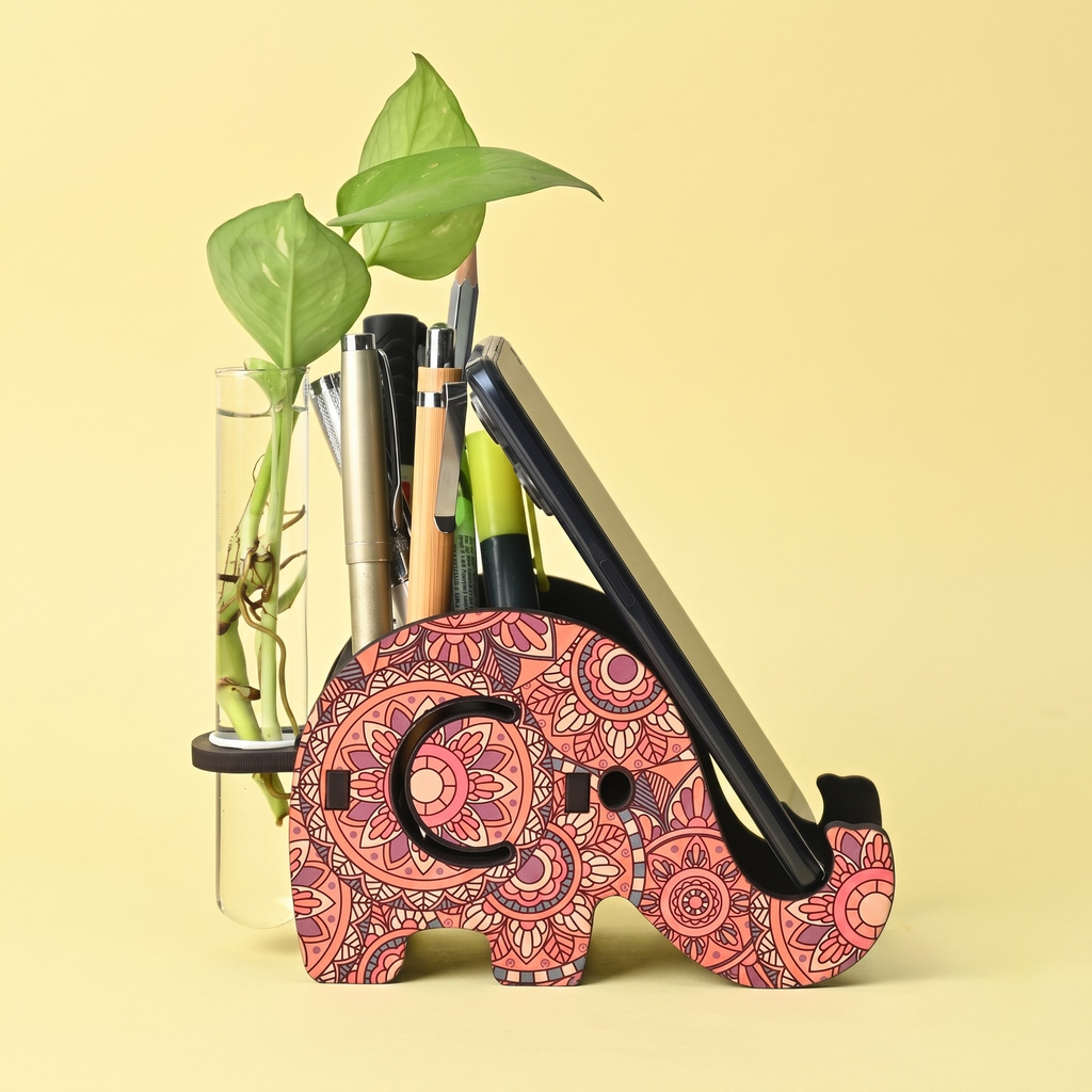 Hydroponics Glass Planter with Wooden Pen Holder & Mobile Stand beautiful Elephant Shaped Mandala Art Design | Multifunctional Desk Organizer | Ideal for Office, Home, and Gifting