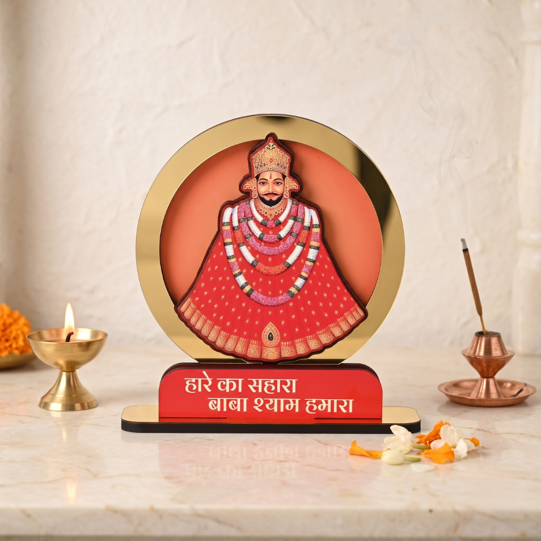 Khatu Shyam Ji Showpiece for Home Mandir | Wooden Table Top Idol with Golden Acrylic | Spiritual Gift for Office, Car Dashboard & Pooja Room | 7x6.5x2 inch