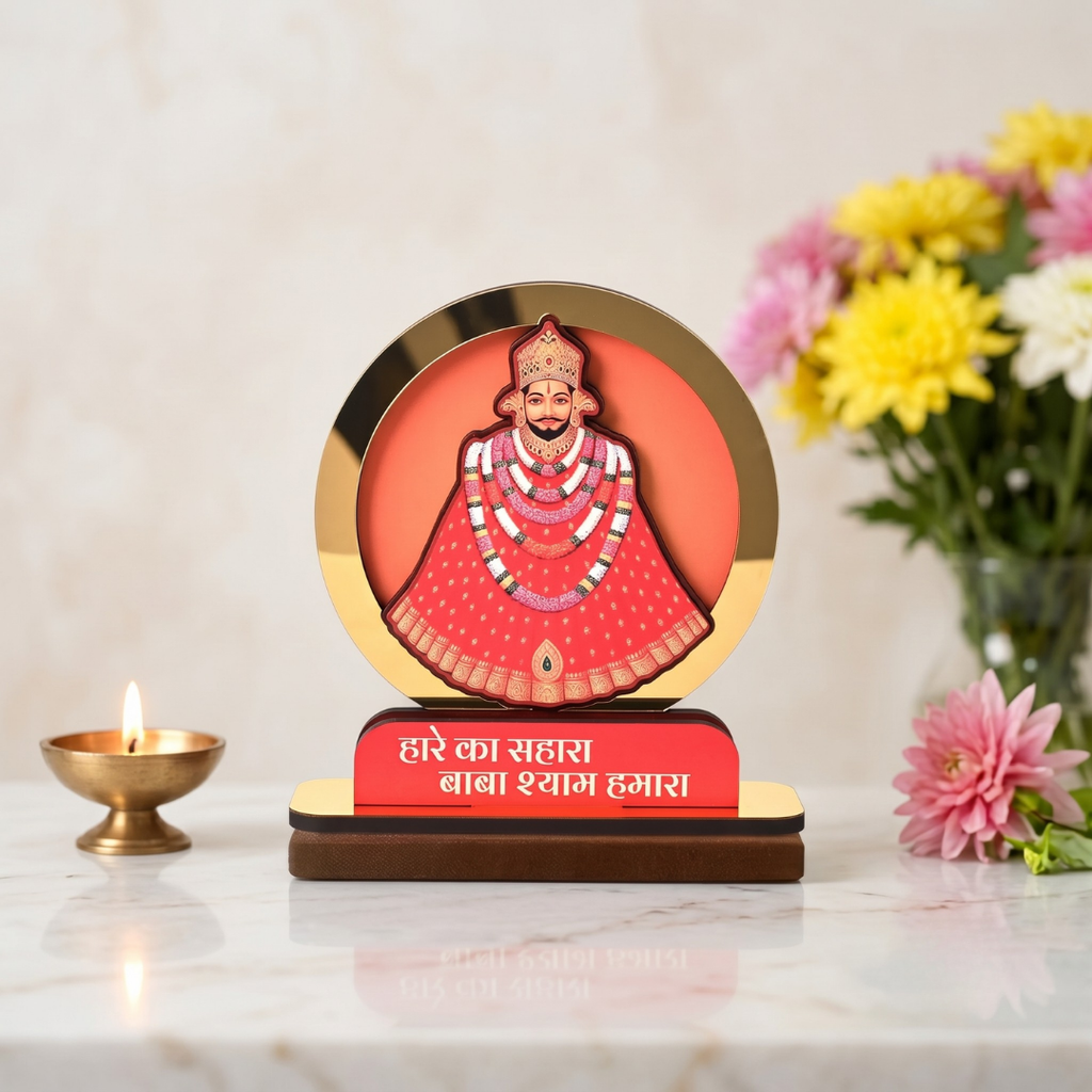 Khatu Shyam Ji Showpiece for Home Mandir | Wooden Table Top Idol with Golden Acrylic | Spiritual Gift for Office, Car Dashboard & Pooja Room | 7x6.5x2 inch