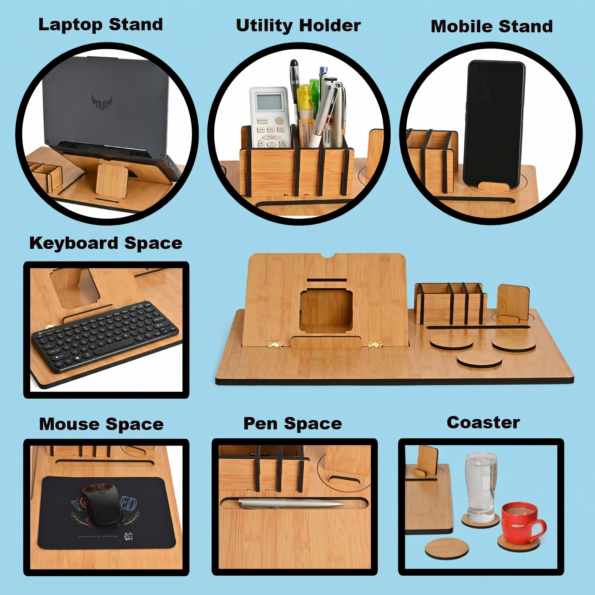 Desks All-in-1 Table Top for Laptop With Mouse Pad & Desk Organizer Coaster Wooden Floor and Desk Stand Rotatable Laptop Stand with Adjustable Height Compatible with Universal Laptops (Brown)