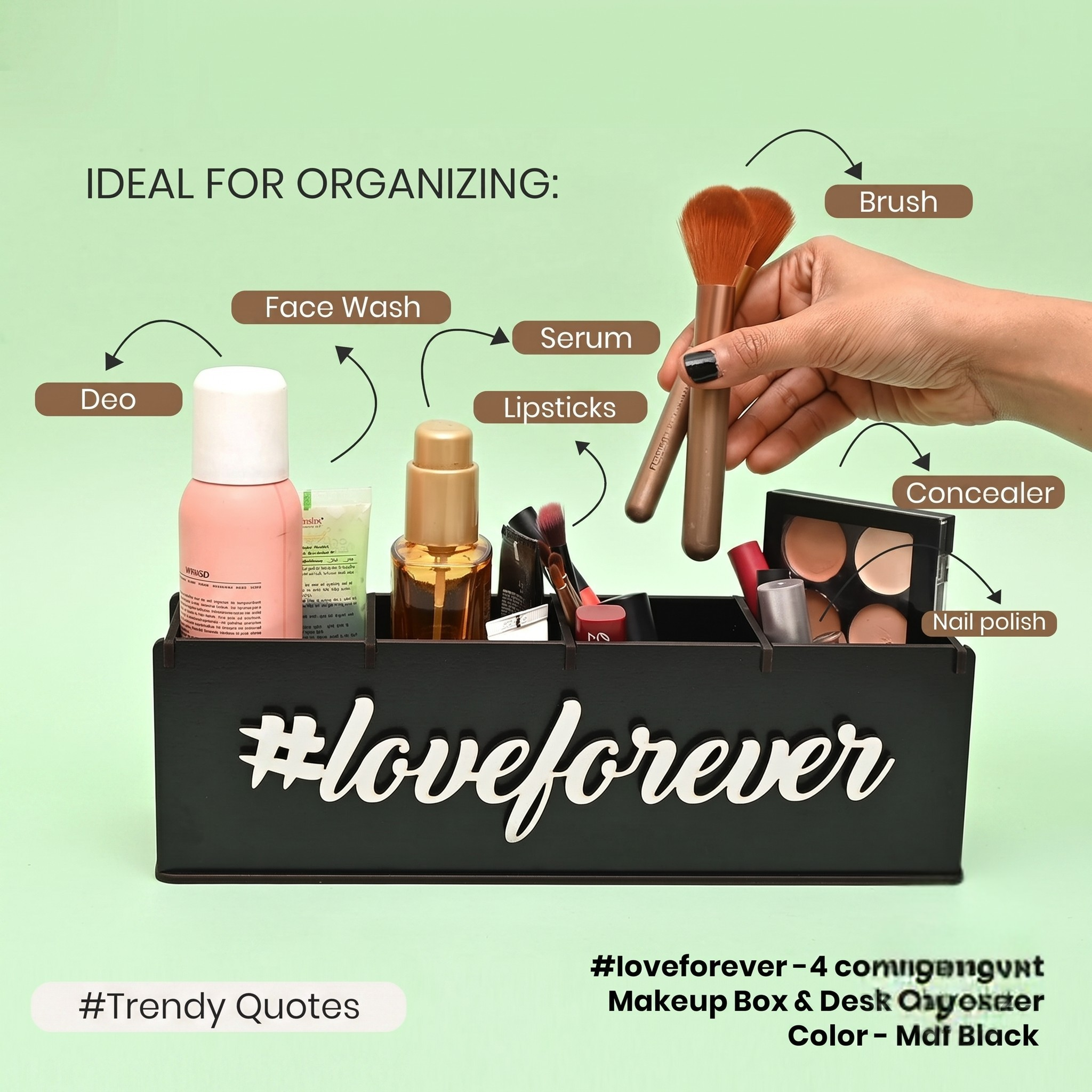 Makeup Box Desk Organizer for Girls makeup storage box & unique gifts for girls 4 compartment cosmetic organizer (Brush Nail polish Lipsticks)(Eco Friendly Plastic Free) (Love Forever)