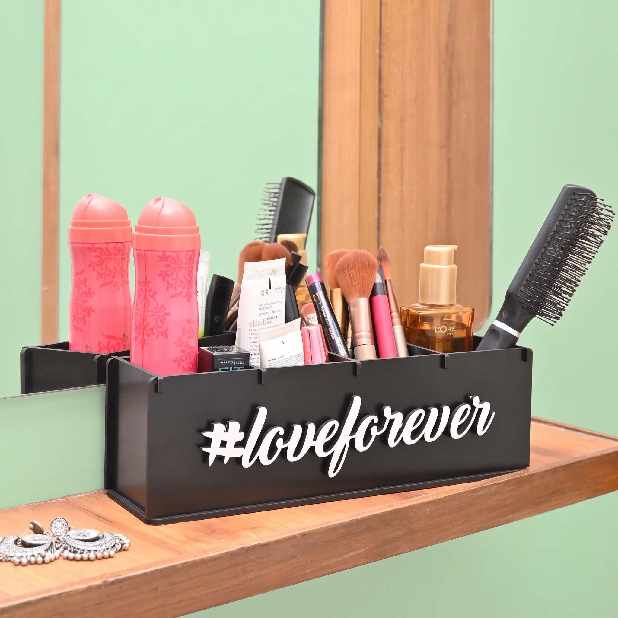 Makeup Box Desk Organizer for Girls makeup storage box & unique gifts for girls 4 compartment cosmetic organizer (Brush Nail polish Lipsticks)(Eco Friendly Plastic Free) (Love Forever)
