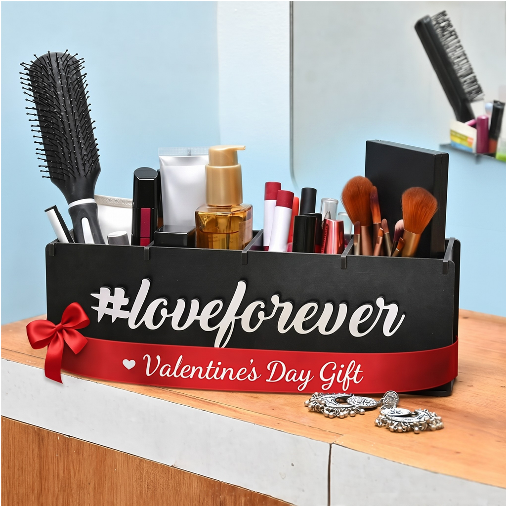 Makeup Box Desk Organizer for Girls makeup storage box & unique gifts for girls 4 compartment cosmetic organizer (Brush Nail polish Lipsticks)(Eco Friendly Plastic Free) (Love Forever)