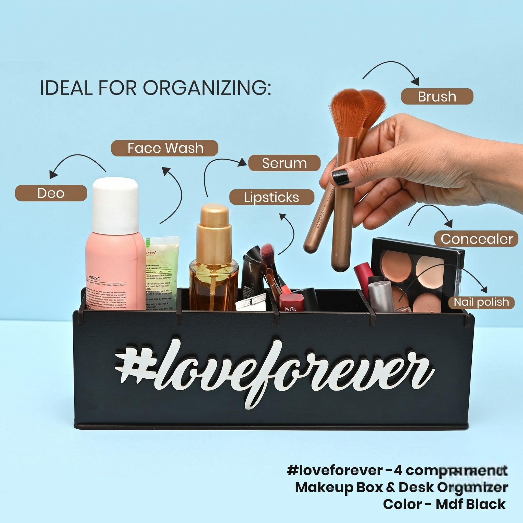 Makeup Box Desk Organizer for Girls makeup storage box & unique gifts for girls 4 compartment cosmetic organizer (Brush Nail polish Lipsticks)(Eco Friendly Plastic Free) (Love Forever)