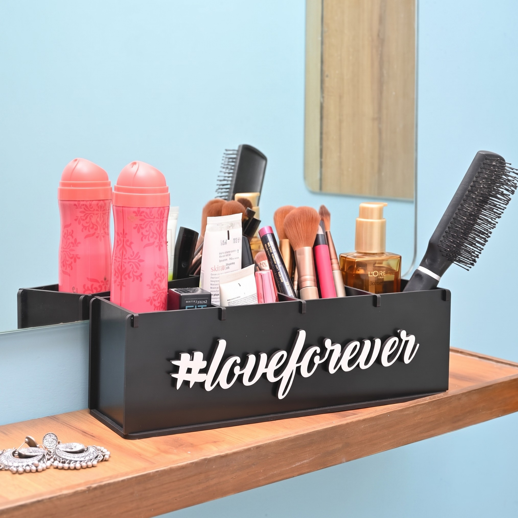 Makeup Box Desk Organizer for Girls makeup storage box & unique gifts for girls 4 compartment cosmetic organizer (Brush Nail polish Lipsticks)(Eco Friendly Plastic Free) (Love Forever)