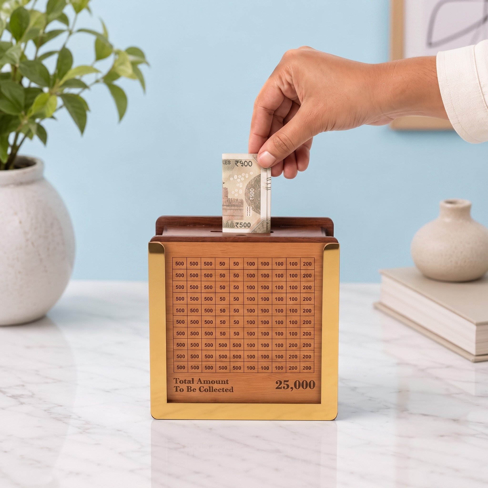 Wooden Piggy Bank for Kids & Adults | Wooden Money Saving Bank with ₹50, ₹100, ₹500 Tracker | Handmade Coin Bank | Smart Savings Goal ₹1,00,000 | Home, Office & Gift Use (Small)