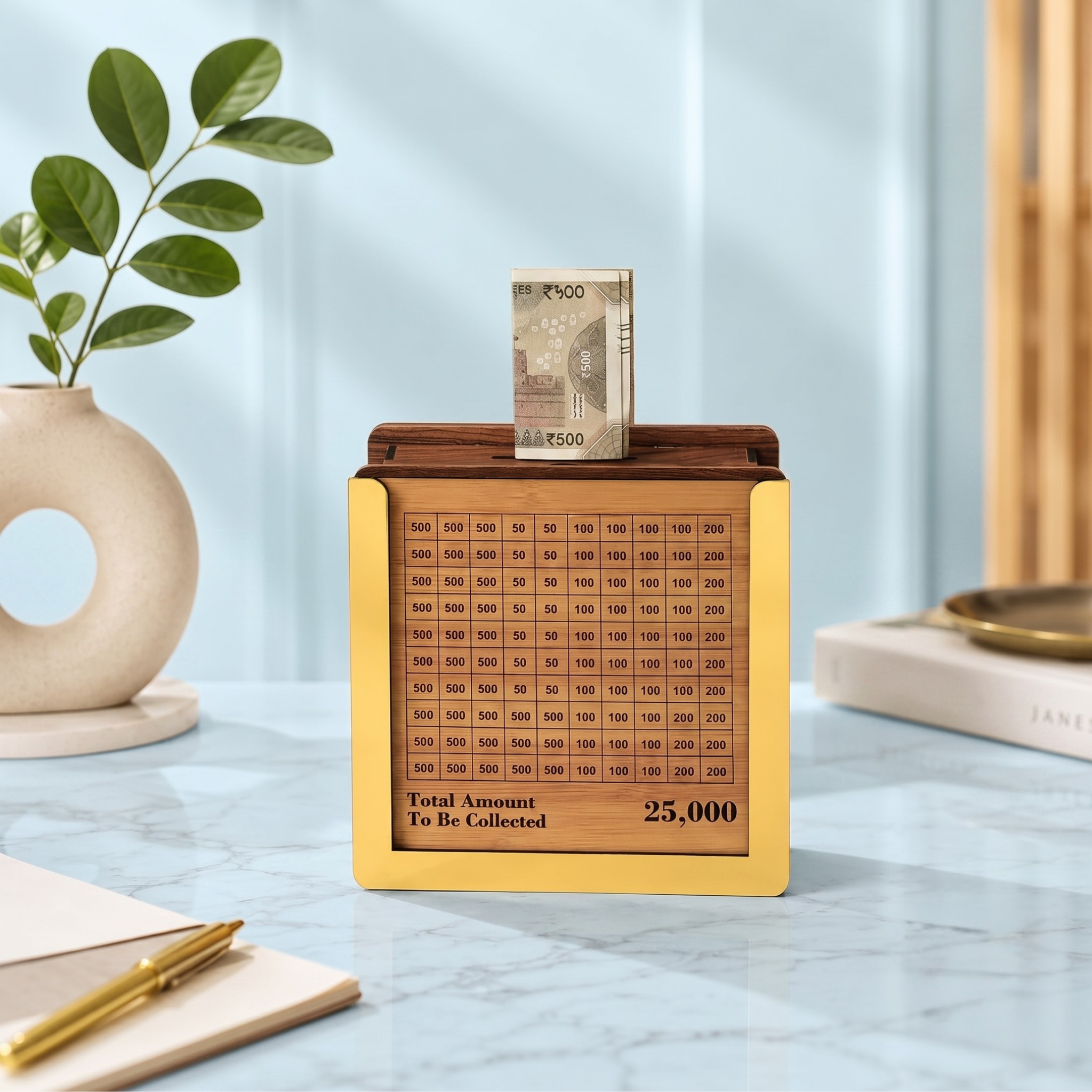 Wooden Piggy Bank for Kids & Adults | Wooden Money Saving Bank with ₹50, ₹100, ₹500 Tracker | Handmade Coin Bank | Smart Savings Goal ₹1,00,000 | Home, Office & Gift Use (Small)