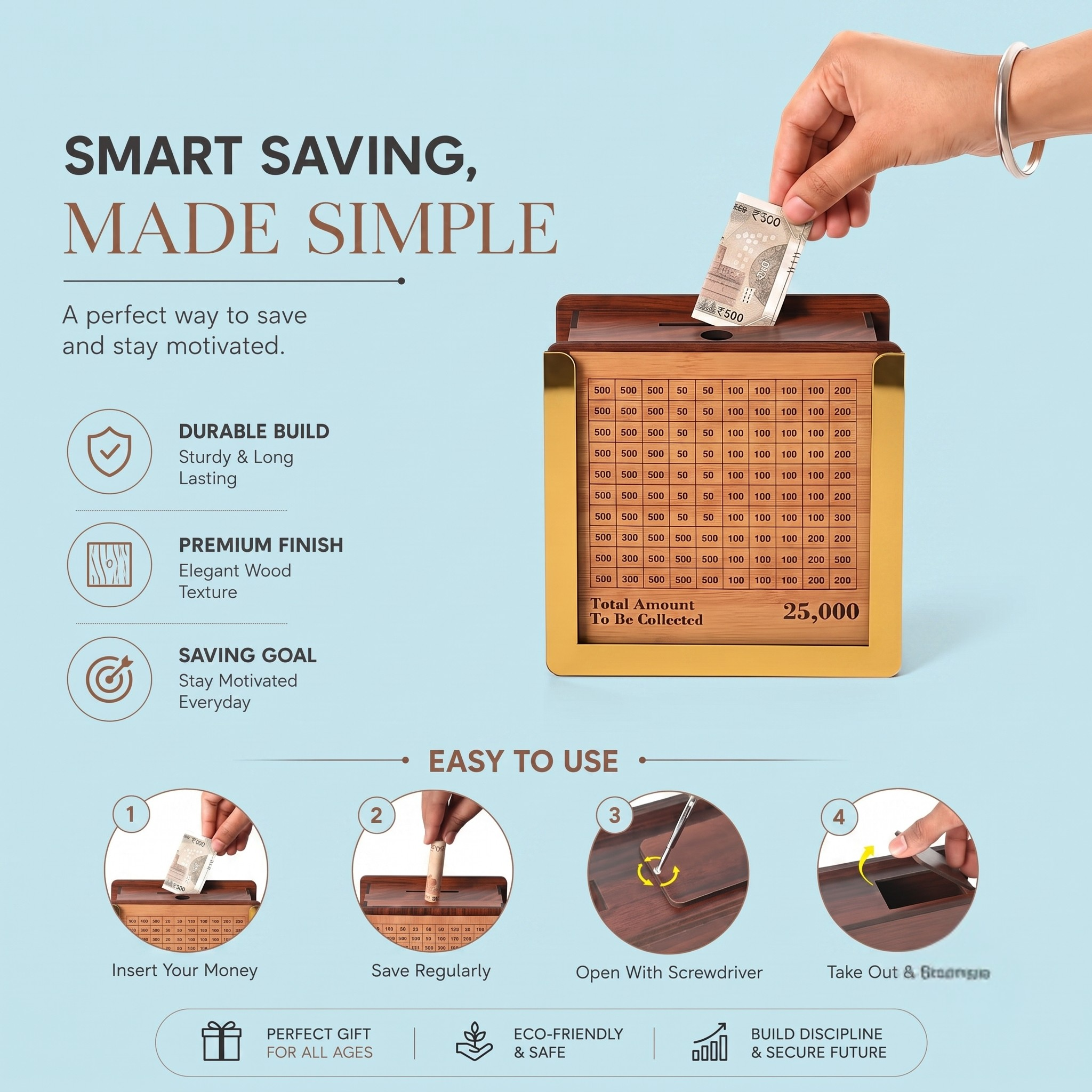 Wooden Piggy Bank for Kids & Adults | Wooden Money Saving Bank with ₹50, ₹100, ₹500 Tracker | Handmade Coin Bank | Smart Savings Goal ₹1,00,000 | Home, Office & Gift Use (Small)