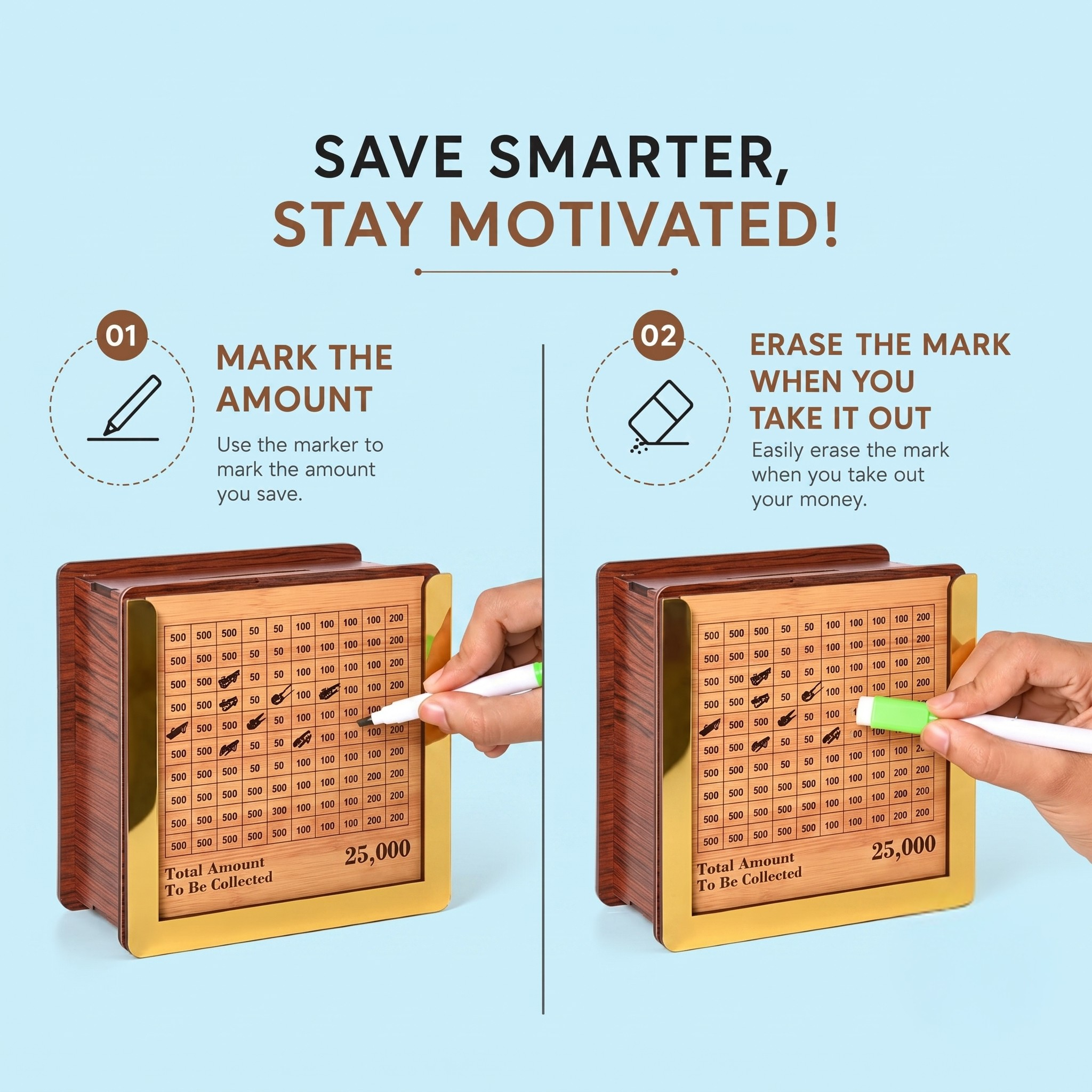 Wooden Piggy Bank for Kids & Adults | Wooden Money Saving Bank with ₹50, ₹100, ₹500 Tracker | Handmade Coin Bank | Smart Savings Goal ₹1,00,000 | Home, Office & Gift Use (Small)