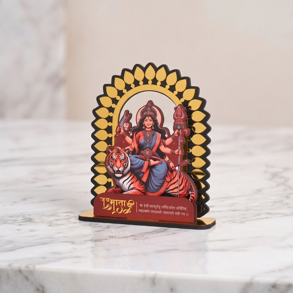 Maa Durga Idol with Golden Acrylic | GKD Goddess Durga Statue for Pooja Mandir, Navratri, Office & Home Decoration (7 x 6 Inch)