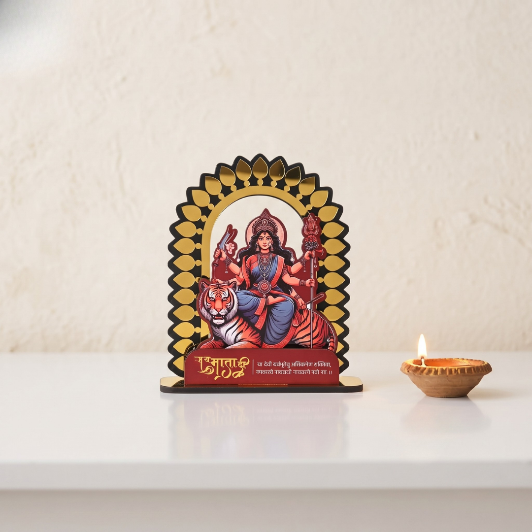 Maa Durga Idol with Golden Acrylic | GKD Goddess Durga Statue for Pooja Mandir, Navratri, Office & Home Decoration (7 x 6 Inch)
