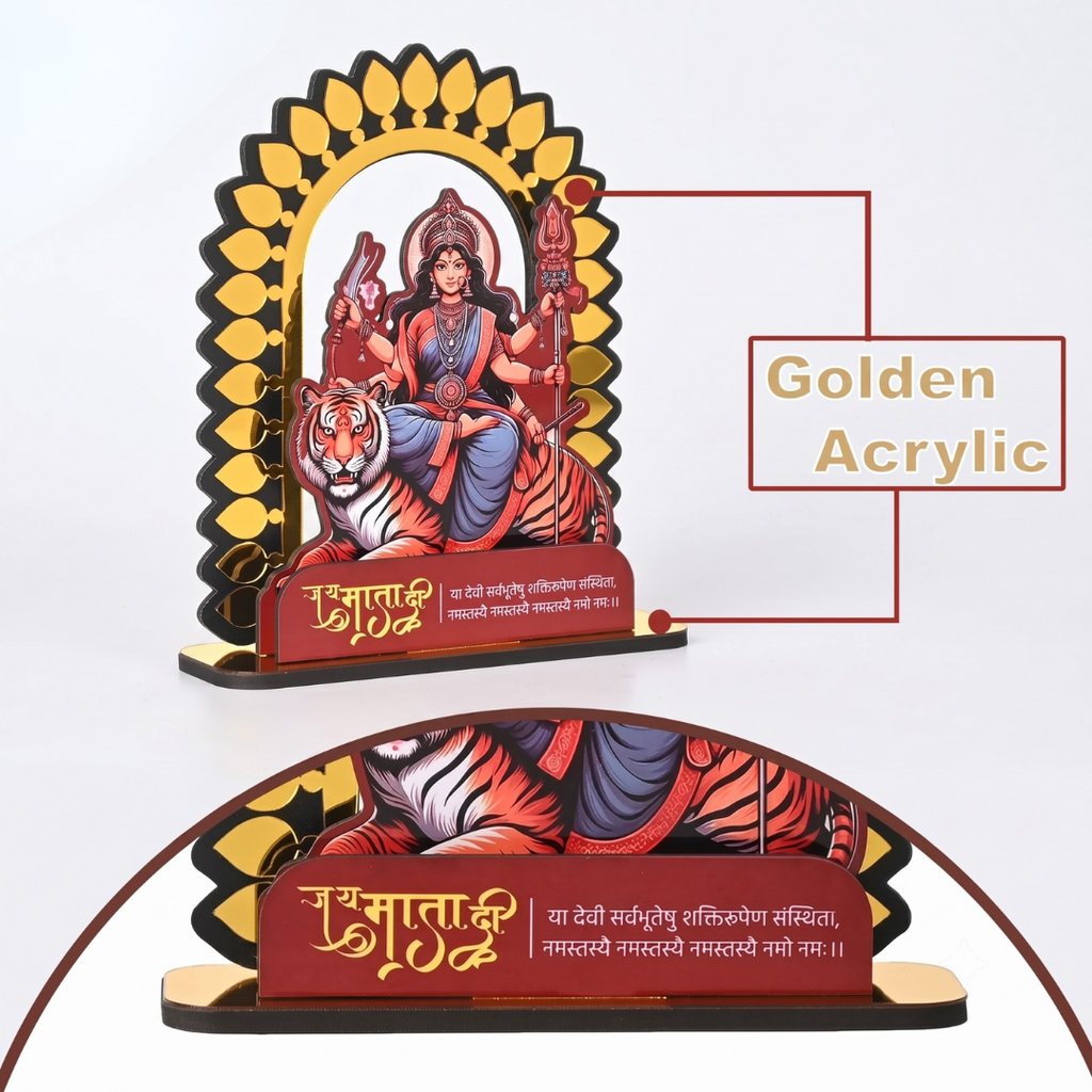 Maa Durga Idol with Golden Acrylic | GKD Goddess Durga Statue for Pooja Mandir, Navratri, Office & Home Decoration (7 x 6 Inch)