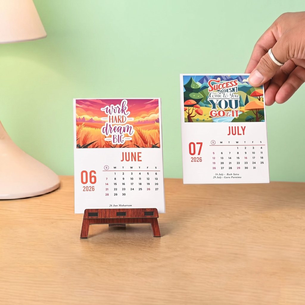 Desk Calendar 2026 with Wooden Stand | Indian Regional Theme Table Calendar | 12 Months Calendar | Premium MDF Wooden Easel Stand | Office Desk Decor | Home & Office Planner (Regional Calendar)