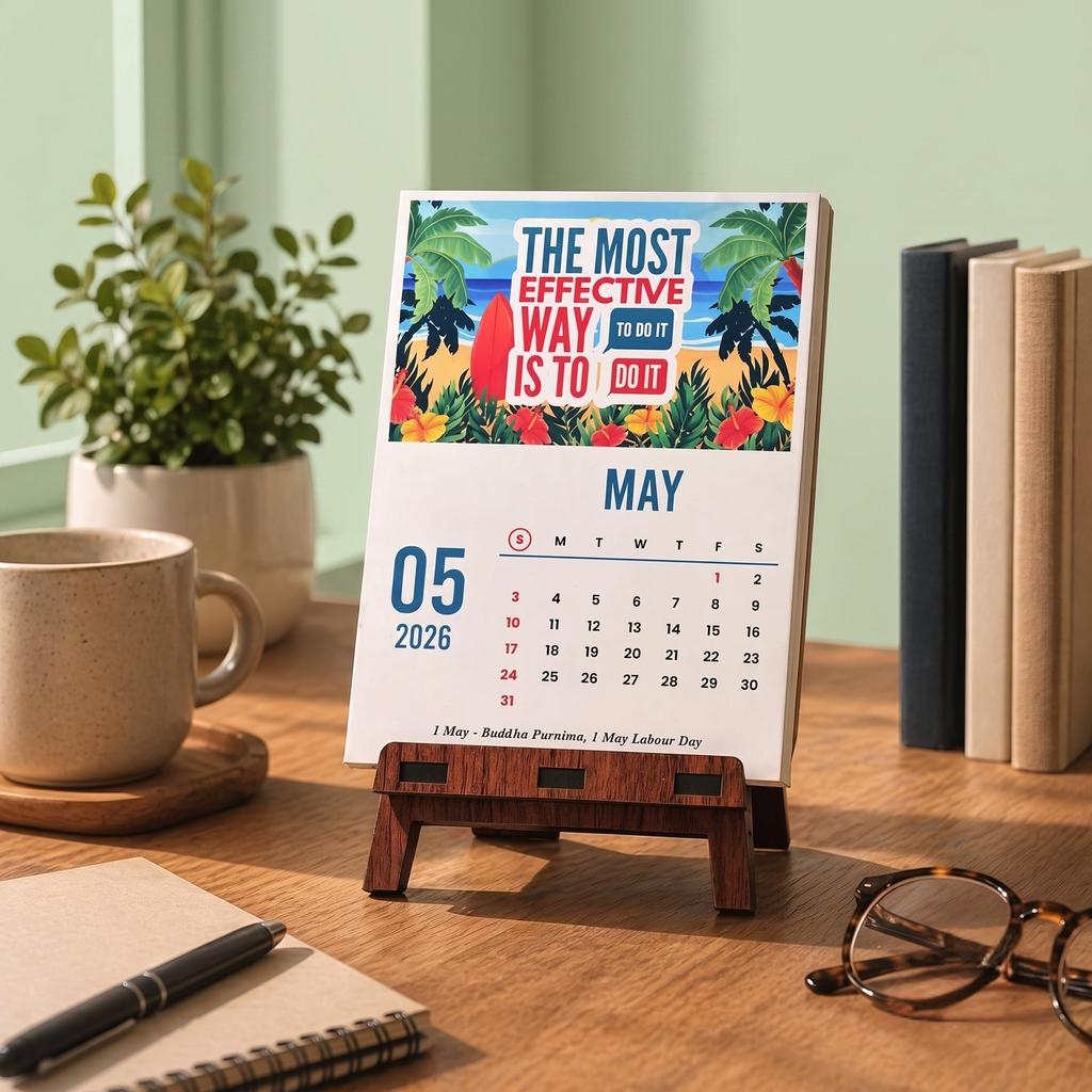 Desk Calendar 2026 with Wooden Stand | Indian Regional Theme Table Calendar | 12 Months Calendar | Premium MDF Wooden Easel Stand | Office Desk Decor | Home & Office Planner (Regional Calendar)
