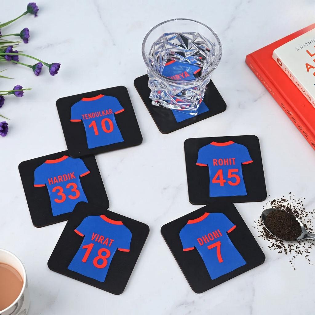 Coaster Set of 6 Cricket Themed Gifts with Proper Coaster Stand Designer Coaster Set fit for Tea Cups, Coffee Mugs and Glasses (Square 3.8 X 3.8 Inch) (Indian Cricket Team Jersey)