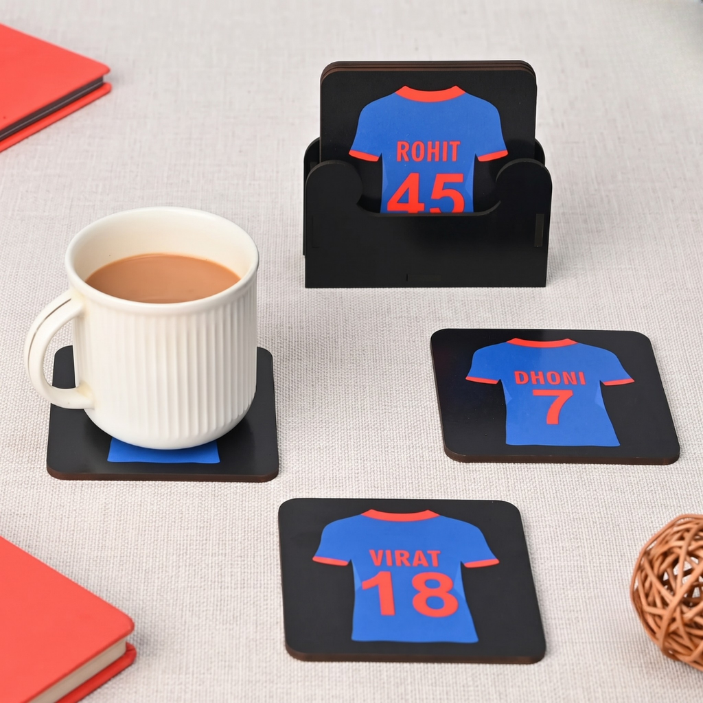 Coaster Set of 6 Cricket Themed Gifts with Proper Coaster Stand Designer Coaster Set fit for Tea Cups, Coffee Mugs and Glasses (Square 3.8 X 3.8 Inch) (Indian Cricket Team Jersey)