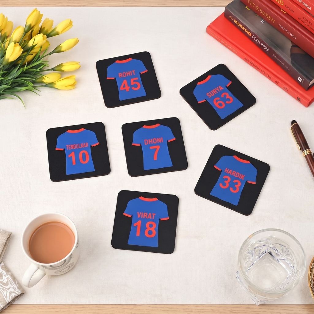 Coaster Set of 6 Cricket Themed Gifts with Proper Coaster Stand Designer Coaster Set fit for Tea Cups, Coffee Mugs and Glasses (Square 3.8 X 3.8 Inch) (Indian Cricket Team Jersey)