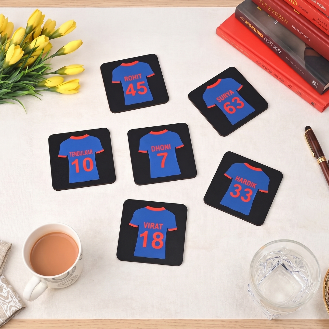 Coaster Set of 6 Cricket Themed Gifts with Proper Coaster Stand Designer Coaster Set fit for Tea Cups, Coffee Mugs and Glasses (Square 3.8 X 3.8 Inch) (Indian Cricket Team Jersey)